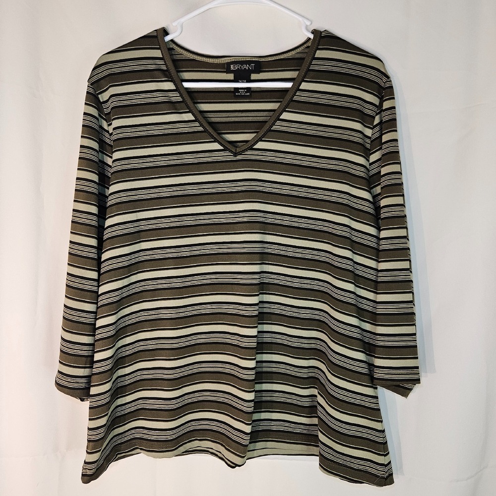 Lane Bryant Striped V-Neck‎ Long Sleeve Top Career Casual Olive Black 14/16